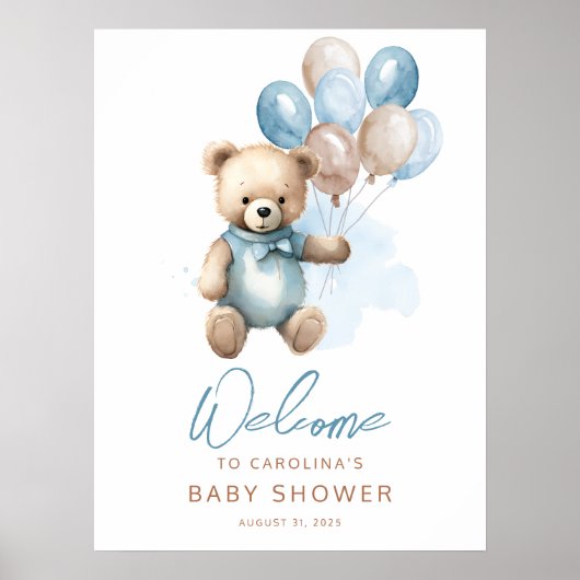 Teddy Bear Boy Blue Baby Dusche Begrüßungszeichen Poster (Vorne)