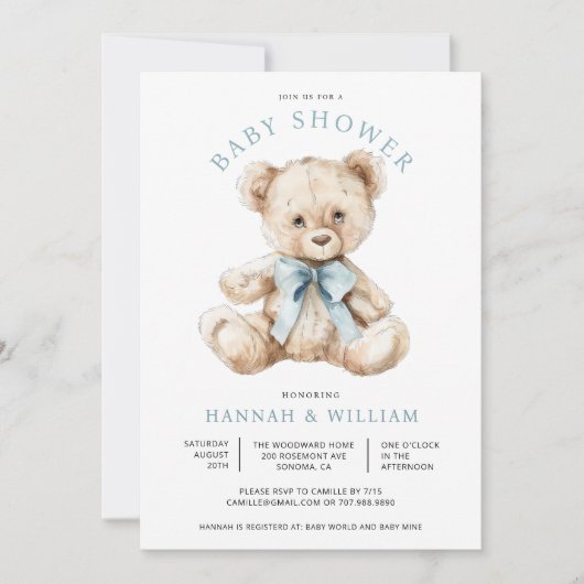Teddy Bear Boy Blue Baby Dusche Einladung (Vorderseite)