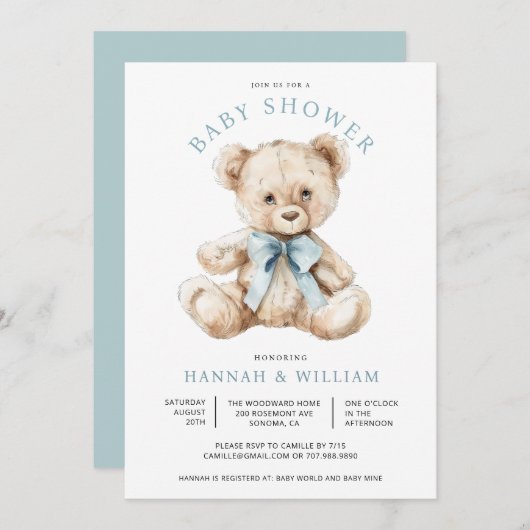 Teddy Bear Boy Blue Baby Dusche Einladung (Vorne/Hinten)