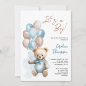 Teddy Bear Boy Blue Balloons Babydusche Einladung (Vorderseite)