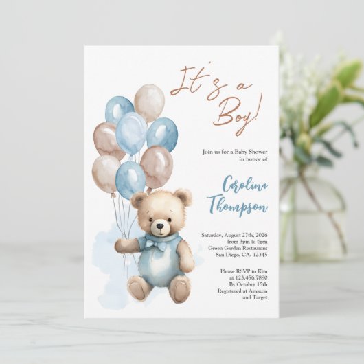 Teddy Bear Boy Blue Balloons Babydusche Einladung (Stehend Vorderseite)