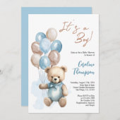 Teddy Bear Boy Blue Balloons Babydusche Einladung (Vorne/Hinten)