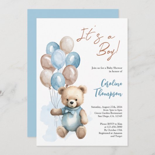 Teddy Bear Boy Blue Balloons Babydusche Einladung (Vorne/Hinten)