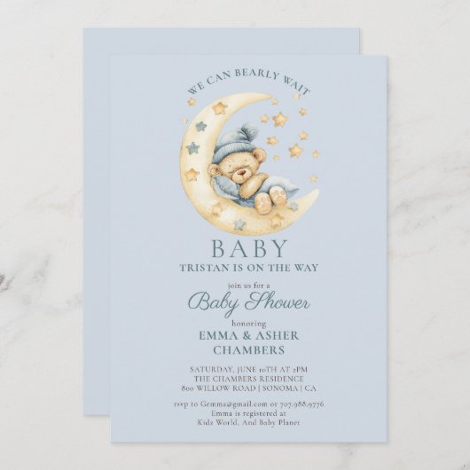 Teddy Bear Boy Blue Bearly Wait Baby Dusche Einladung (Vorne/Hinten)