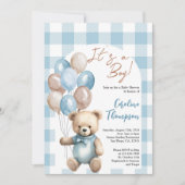 Teddy Bear Boy Blue Kariert Arch Baby Dusche Einladung (Vorderseite)