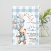 Teddy Bear Boy Blue Kariert Arch Baby Dusche Einladung (Stehend Vorderseite)