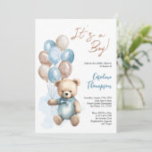 Teddy Bear Boy Blue Kariert Baby Dusche Einladung (Stehend Vorderseite)