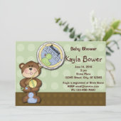 Teddy Bear Boy Brown Green Baby Dusche Einladung (Stehend Vorderseite)