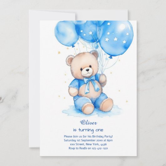 Teddy Bear Boy Einladung zum ersten Geburtstag (Vorderseite)