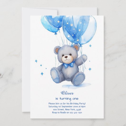 Teddy Bear Boy Einladung zum ersten Geburtstag (Vorderseite)