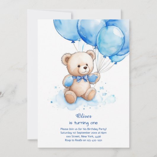 Teddy Bear Boy Einladung zum ersten Geburtstag (Vorderseite)