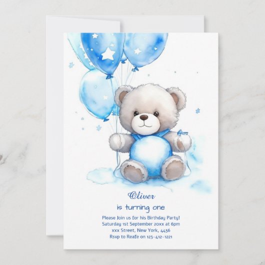 Teddy Bear Boy Einladung zum ersten Geburtstag (Vorderseite)