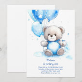Teddy Bear Boy Einladung zum ersten Geburtstag (Vorne/Hinten)
