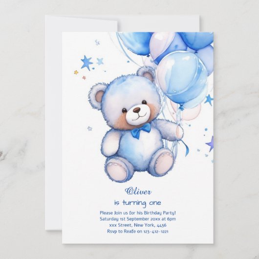 Teddy Bear Boy Einladung zum ersten Geburtstag (Vorderseite)