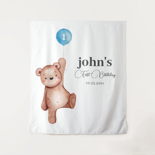 Teddy Bear Boy Erster Geburtstag Wandteppich (Vorderseite)