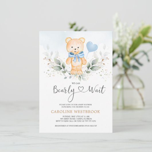 Teddy Bear Boy, Green Foliage Baby Shower Einladung (Stehend Vorderseite)