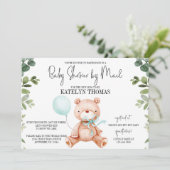 Teddy Bear Boy Greenery Baby Shower by Mail Einladung (Stehend Vorderseite)