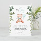 Teddy Bear Boy Greenery Baby Shower Einladung (Stehend Vorderseite)