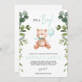 Teddy Bear Boy Greenery Baby Shower Einladung (Vorne/Hinten)