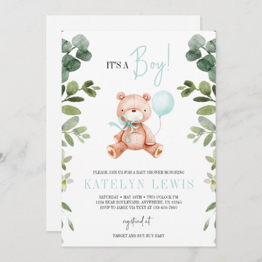Teddy Bear Boy Greenery Baby Shower Einladung (Vorne/Hinten)