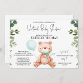 Teddy Bear Boy Greenery Virtual Baby Shower Einladung (Vorne/Hinten)