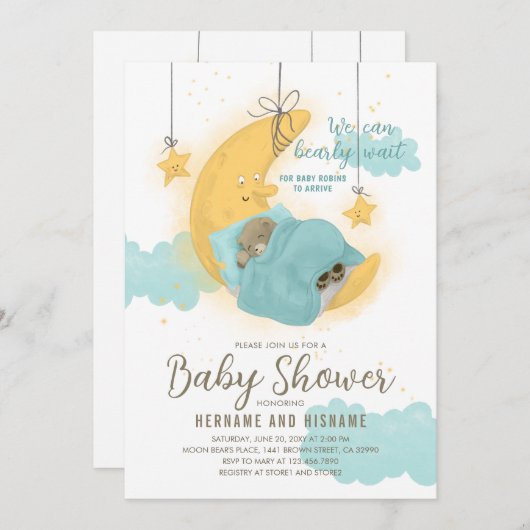 Teddy Bear Boy Moon Stars Blue Baby Dusche Einladung (Vorne/Hinten)