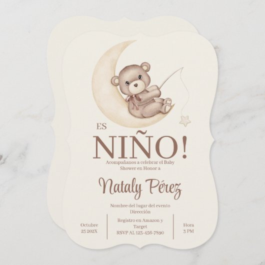 Teddy Bear Boy Spanische Einladung (Vorne/Hinten)