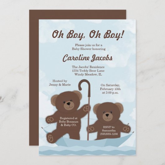 Teddy Bear Boy Twins Baby Dusche Einladung (Vorne/Hinten)