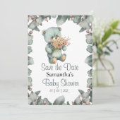 Teddy Bear Boy Watercolor Babydusche Einladung (Stehend Vorderseite)