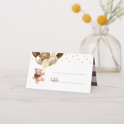 Teddy Bear Brown and Gold Balloons Babydusche Platzkarte (Vorderseite)