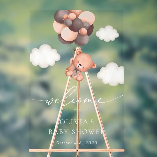Teddy Bear, Brown Balloons, Babydusche Willkommen Acrylschild (Neutral)