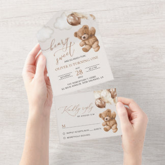 Teddy Bear, Brown Balloons, erster Geburtstag All In One Einladung