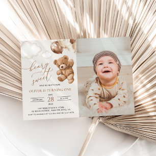 Teddy Bear, Brown Balloons, erster Geburtstag Einladung