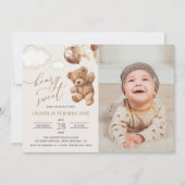 Teddy Bear, Brown Balloons, erster Geburtstag Einladung (Vorderseite)