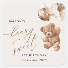 Teddy Bear, Brown Balloons, erster Geburtstag Quadratischer Aufkleber