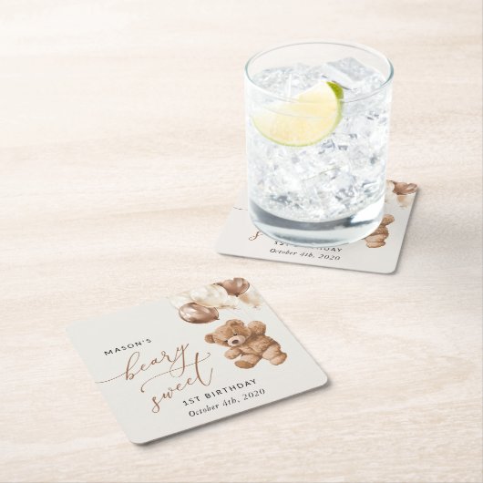 Teddy Bear, Brown Balloons, erster Geburtstag Rechteckiger Pappuntersetzer (Vor Ort)