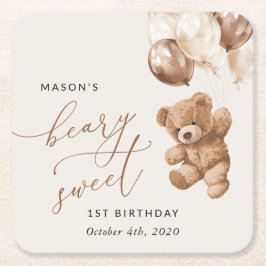 Teddy Bear, Brown Balloons, erster Geburtstag Rechteckiger Pappuntersetzer