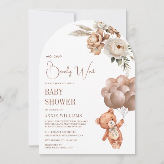 Teddy Bear Brown Balloons Floral Arch Baby Dusche Einladung (Vorderseite)