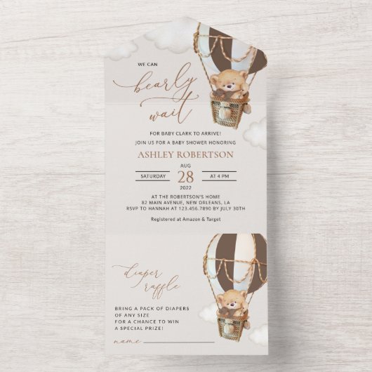 Teddy Bear, Brown Hot Air Ballon, Babydusche All In One Einladung (Innen Boden)