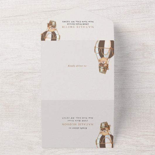 Teddy Bear, Brown Hot Air Ballon, erster Geburtsta All In One Einladung (Außenbereich)