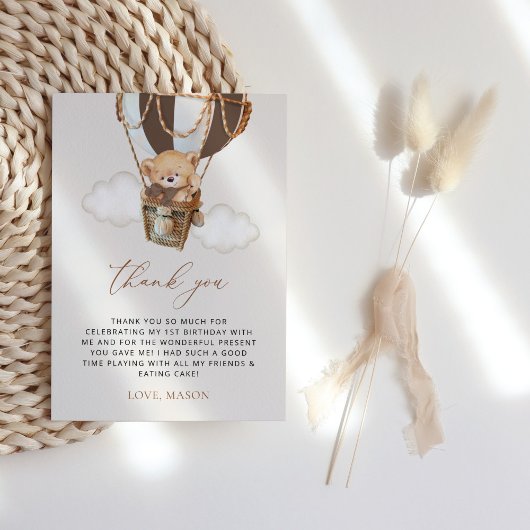 Teddy Bear, Brown Hot Air Ballon, erster Geburtsta Dankeskarte