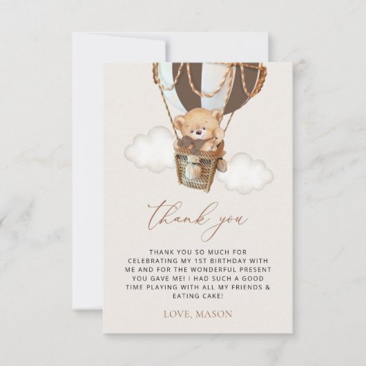 Teddy Bear, Brown Hot Air Ballon, erster Geburtsta Dankeskarte (Vorderseite)