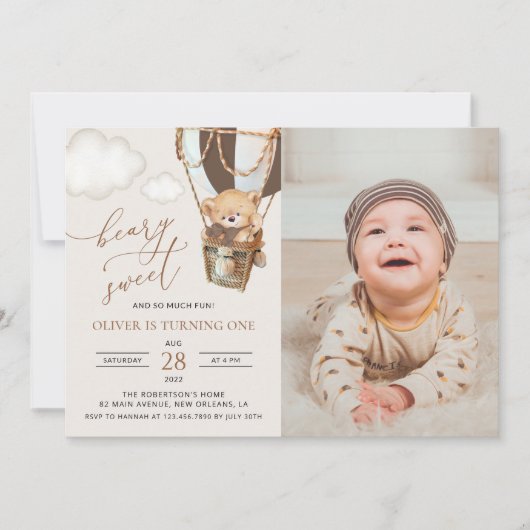 Teddy Bear, Brown Hot Air Ballon, erster Geburtsta Einladung (Vorderseite)