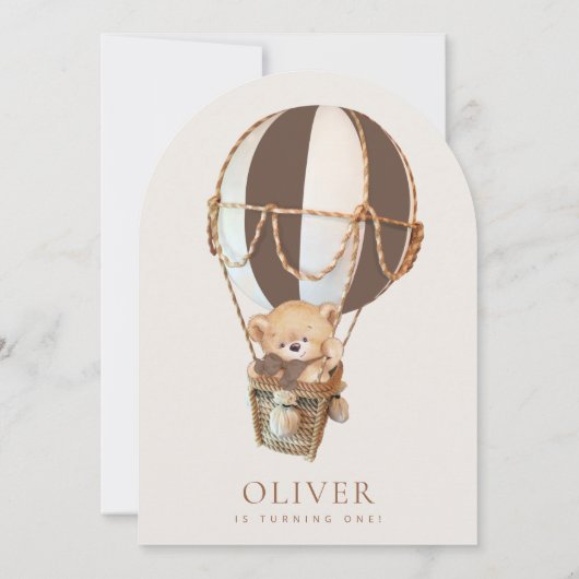 Teddy Bear, Brown Hot Air Ballon, erster Geburtsta Einladung (Rückseite)