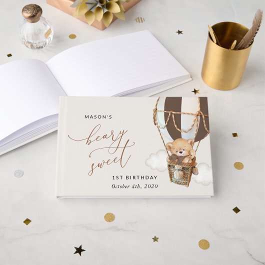 Teddy Bear, Brown Hot Air Ballon, erster Geburtsta Gästebuch (Vorderseite Offen)