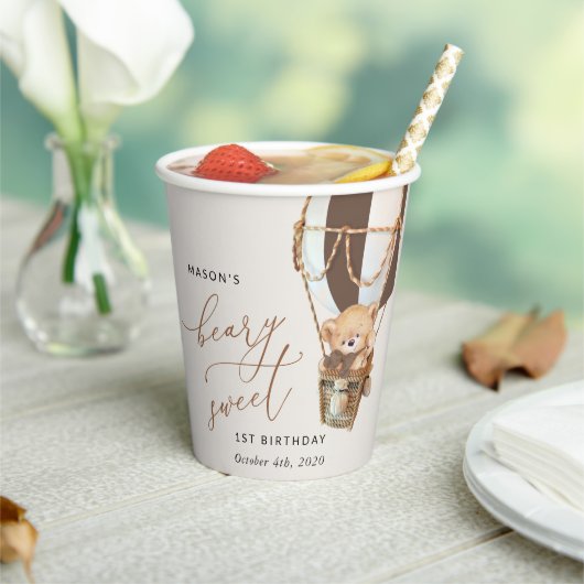 Teddy Bear, Brown Hot Air Ballon, erster Geburtsta Pappbecher (In Situ)