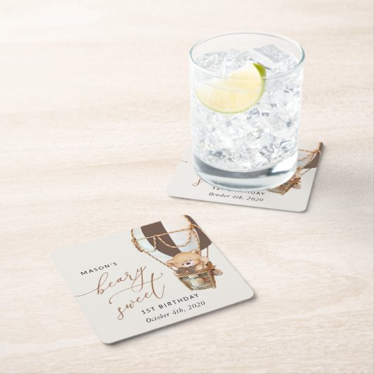 Teddy Bear, Brown Hot Air Ballon, erster Geburtsta Rechteckiger Pappuntersetzer (Vor Ort)