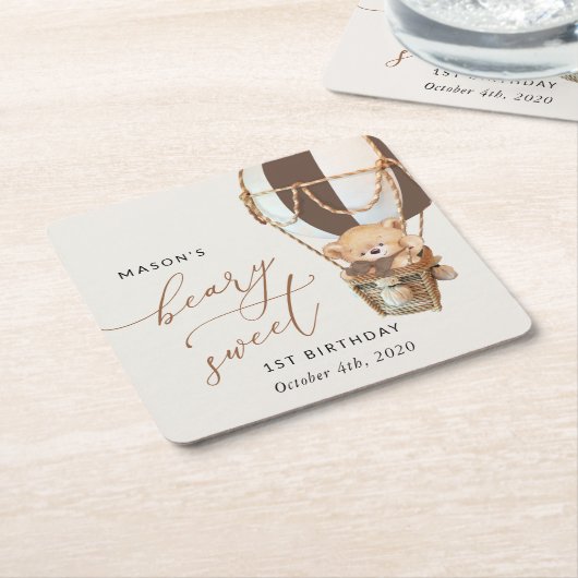 Teddy Bear, Brown Hot Air Ballon, erster Geburtsta Rechteckiger Pappuntersetzer (angewinkelt)