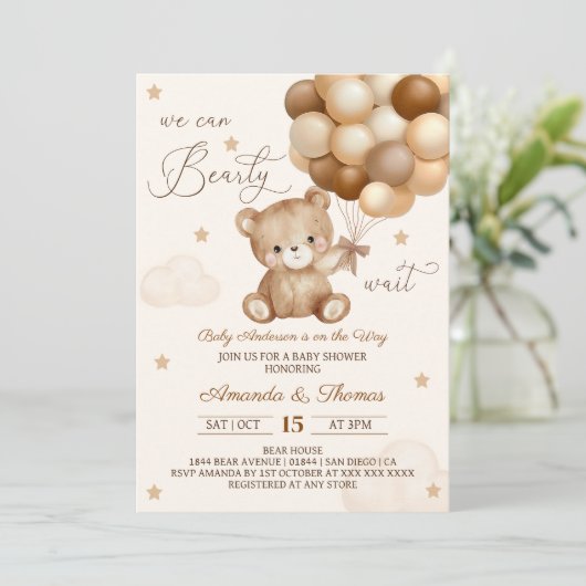 Teddy Bear Brown Neutral Balloons Babydusche Einladung (Stehend Vorderseite)
