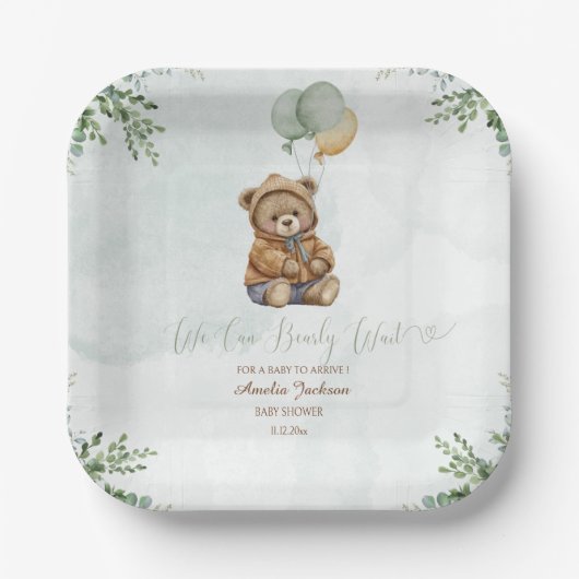 Teddy Bear Brown Sage Green Balloons Baby Pappteller (Vorderseite)